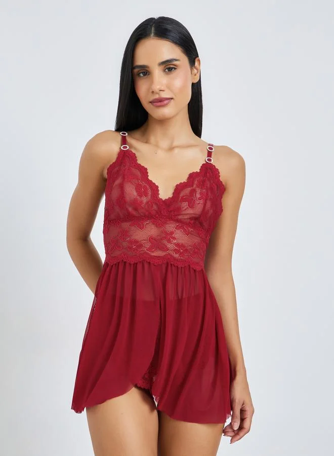 Styli Red Floral Mesh Babydoll with Metal Trim and Full Brief
