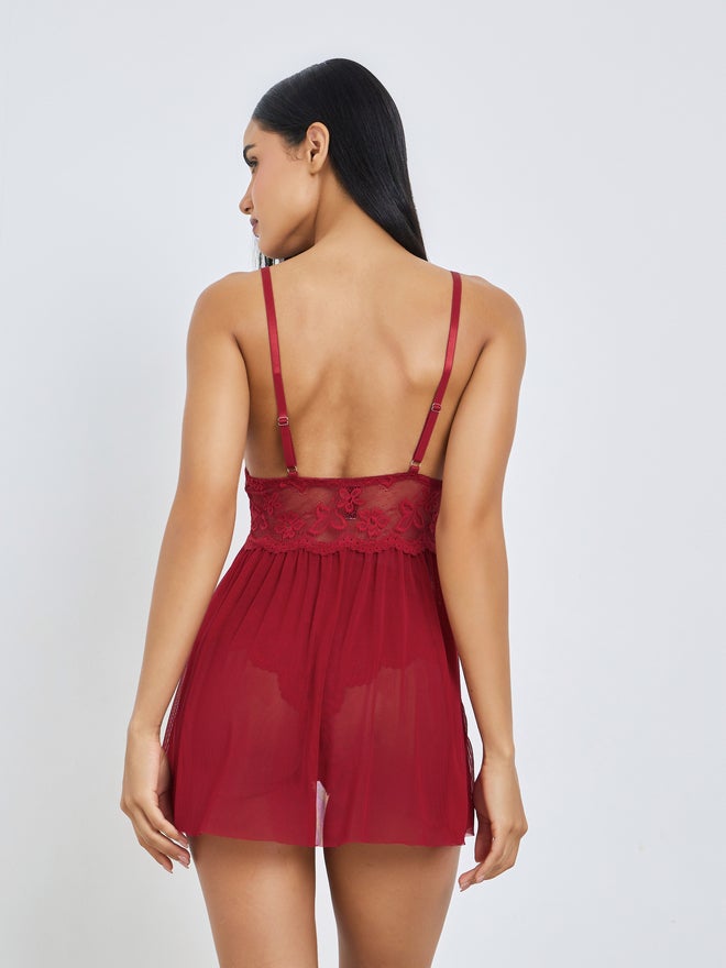 Styli Red Floral Mesh Babydoll with Metal Trim and Full Brief - Image 4