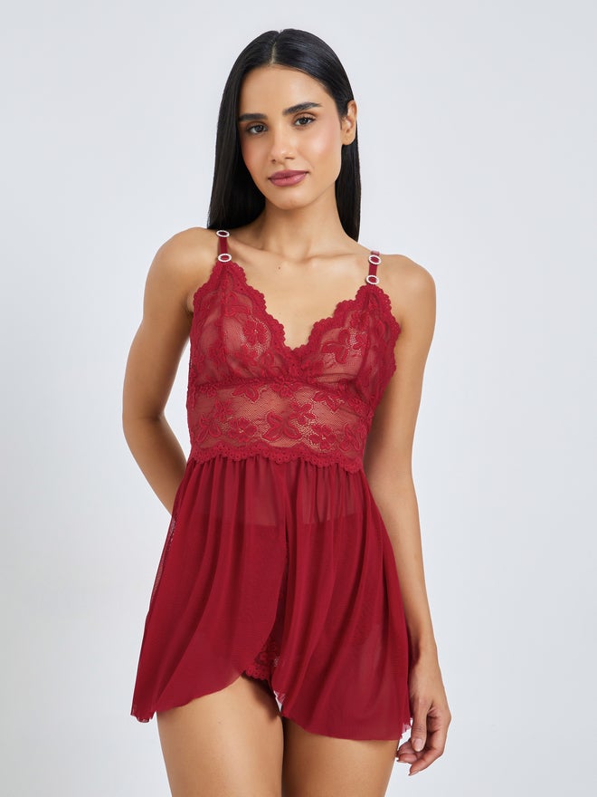 Styli Red Floral Mesh Babydoll with Metal Trim and Full Brief - Image 1