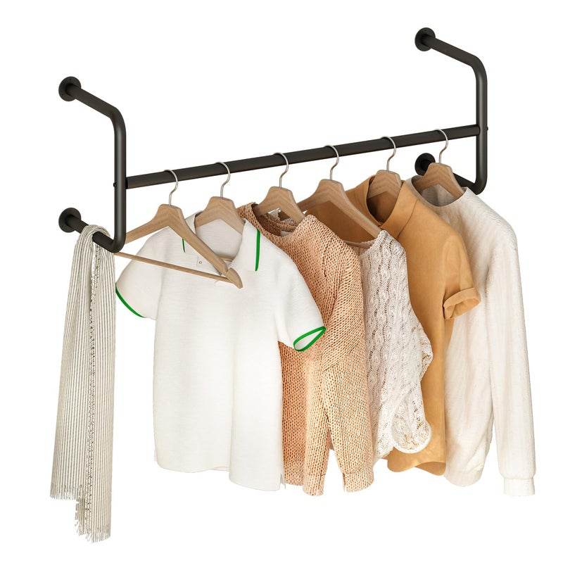 SYQ Clothes Rack Industrial Pipe Wall Mounted Clothing Rack Space-Saving Hanging Closet Rod Heavy Duty Multi-Purpose Garment Rack for Closet and Laundry Room(4 Bases) Black - Image 1