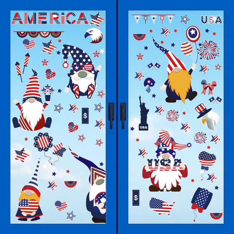 JXSDWANG 4th of July Patriotic Window Clings8 Sheets USA Stars Shape Flags for Veterans Day DoubleSide Reusable Window Stickers Decorations Blue Red White Window Decals 