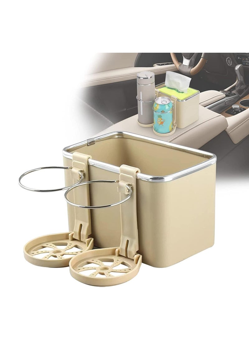 Car Armrest Storage Box with 2 Coffee Cup Water Drink Holder Universal Car Center Console Seat Organizer Car Storage Box for Water Cup Tissue Paper Cellphones Keys Storage (Beige) - Image 1