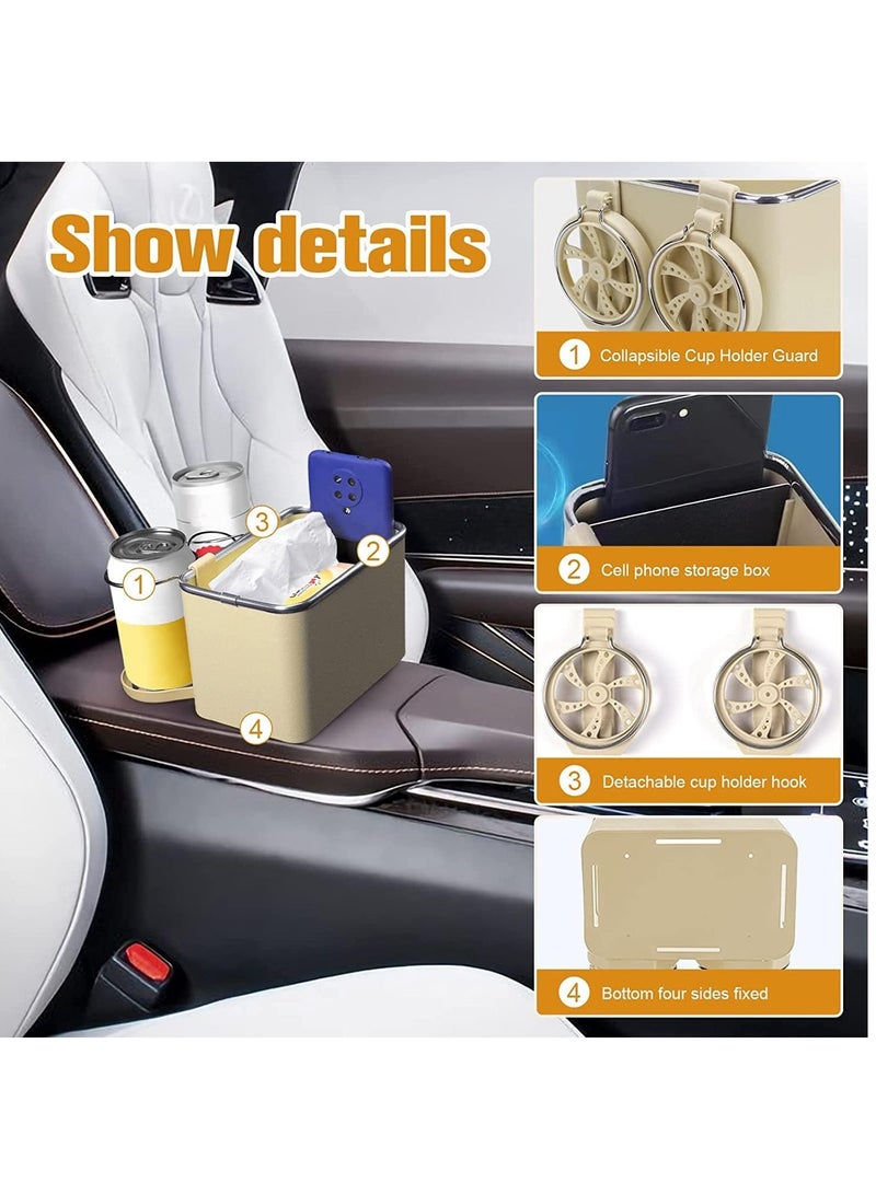 Car Armrest Storage Box with 2 Coffee Cup Water Drink Holder Universal Car Center Console Seat Organizer Car Storage Box for Water Cup Tissue Paper Cellphones Keys Storage (Beige) - Image 2