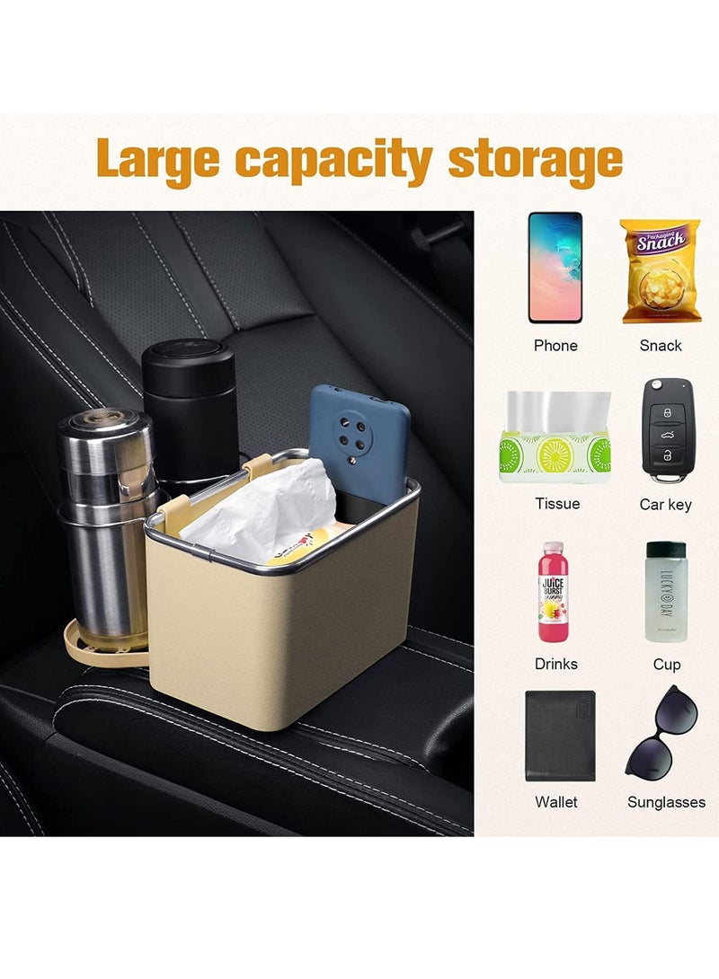 Car Armrest Storage Box with 2 Coffee Cup Water Drink Holder Universal Car Center Console Seat Organizer Car Storage Box for Water Cup Tissue Paper Cellphones Keys Storage (Beige) - Image 3