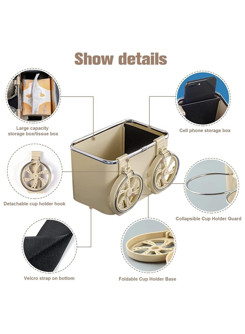Car Armrest Storage Box with 2 Coffee Cup Water Drink Holder Universal Car Center Console Seat Organizer Car Storage Box for Water Cup Tissue Paper Cellphones Keys Storage (Beige) - Image 4