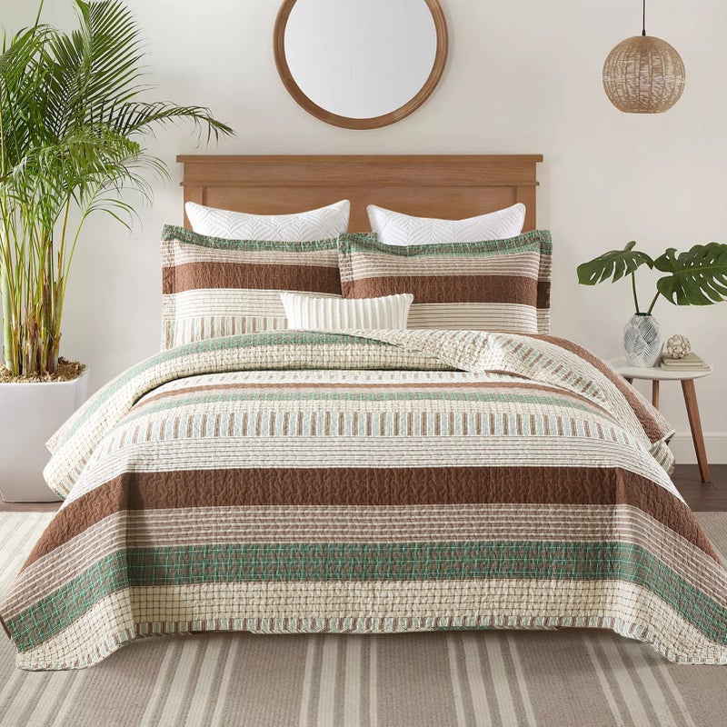 Finlonte King Size Quilt Set Brown Green Beige Striped Bedspreads Reversible Lightweight Quilt for All Season 3Piece