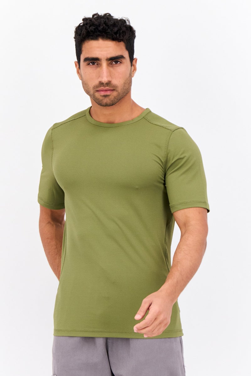 Beause Men Crew Neck Short Sleeves Textured T-Shirt, Olive - Image 1