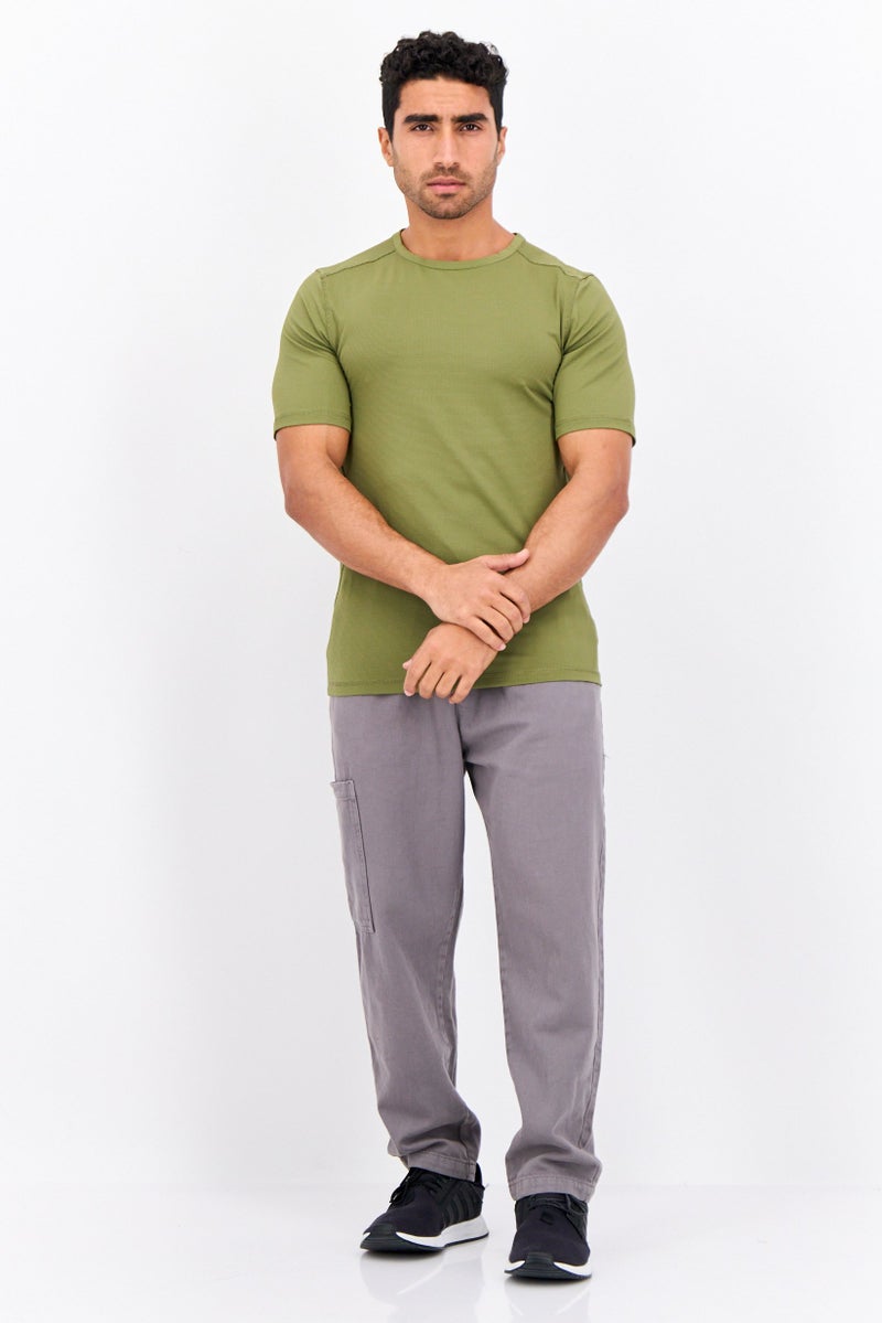 Beause Men Crew Neck Short Sleeves Textured T-Shirt, Olive - Image 4