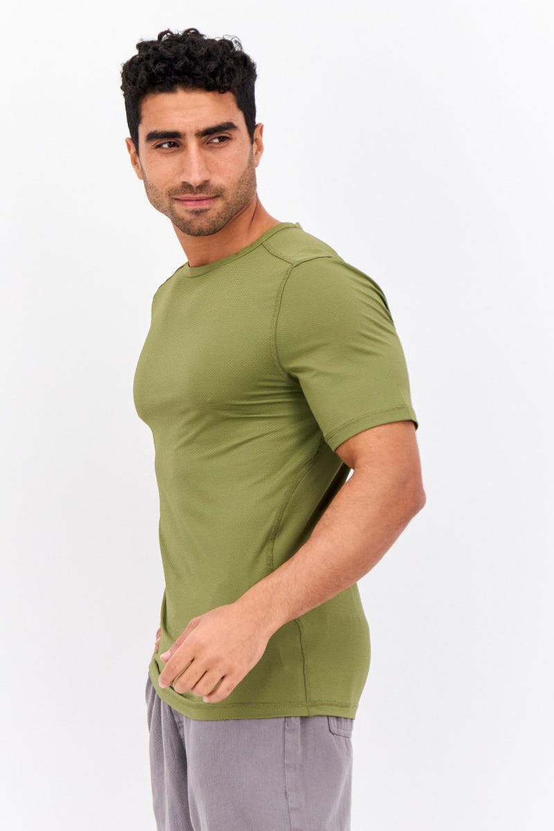 Beause Men Crew Neck Short Sleeves Textured T-Shirt, Olive - Image 2