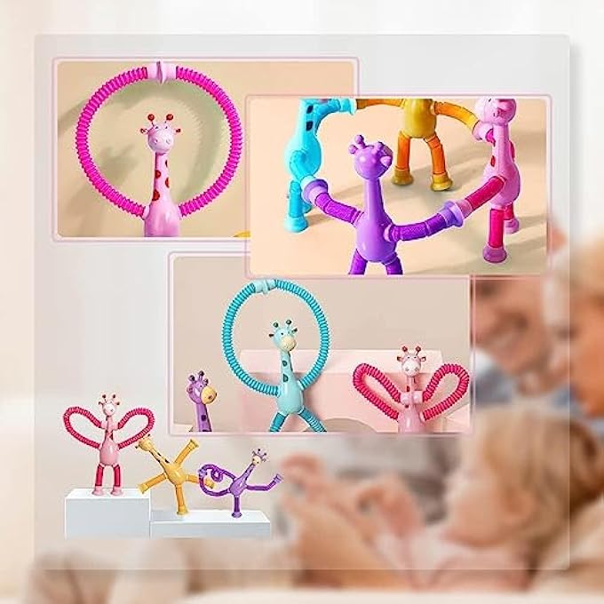 X spring لعبة زرافة كوب شفط تلسكوبي Xspring، 4 قطع شكل متغير زرافة كوب شفط تلسكوبي، أنابيب حسية للأطفال الصغار، ألعاب فidget أنابيب البوب الحسية لهدايا عيد الميلاد للأطفال والبنات، - Image 2