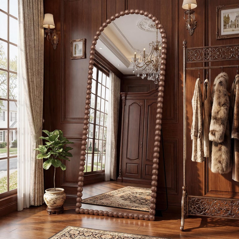 Antok 57" x 21" Arched Full Length Mirror, Antique Beaded Frame Floor Standing or Wall Mounted Mirror with Stand for Bedroom, Entryway, Brown, Luxury Style - Image 5
