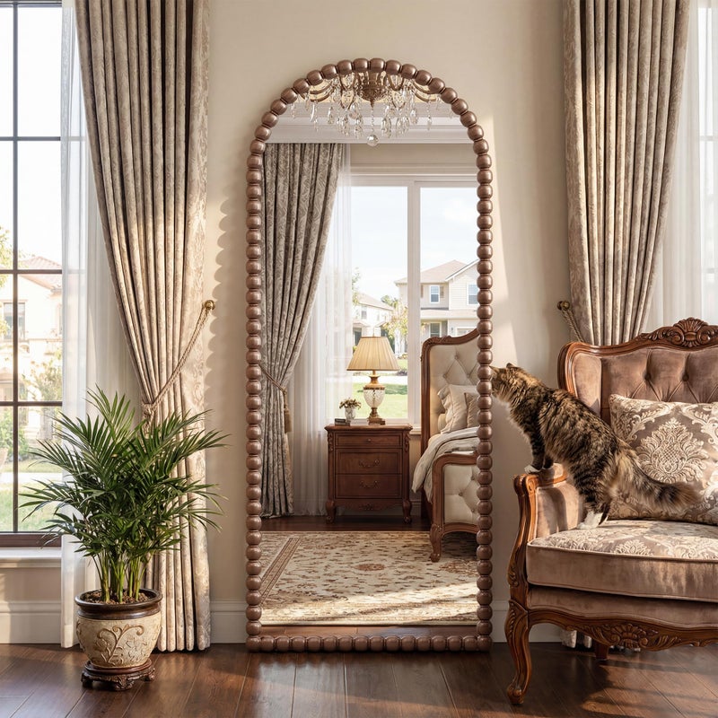 Antok 57" x 21" Arched Full Length Mirror, Antique Beaded Frame Floor Standing or Wall Mounted Mirror with Stand for Bedroom, Entryway, Brown, Luxury Style - Image 4