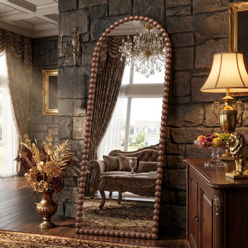 Antok 57" x 21" Arched Full Length Mirror, Antique Beaded Frame Floor Standing or Wall Mounted Mirror with Stand for Bedroom, Entryway, Brown, Luxury Style - Image 2