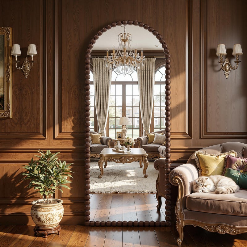 Antok 57" x 21" Arched Full Length Mirror, Antique Beaded Frame Floor Standing or Wall Mounted Mirror with Stand for Bedroom, Entryway, Brown, Luxury Style - Image 3