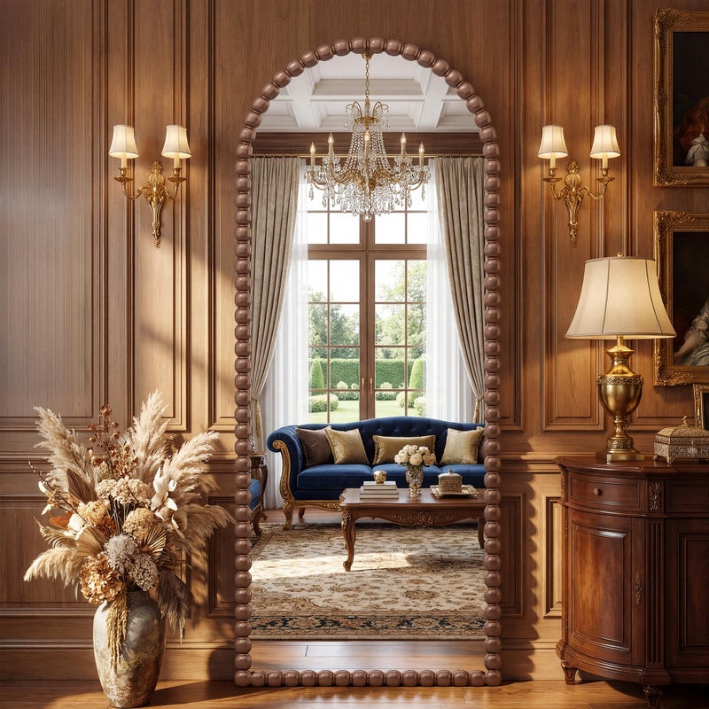 Antok 57" x 21" Arched Full Length Mirror, Antique Beaded Frame Floor Standing or Wall Mounted Mirror with Stand for Bedroom, Entryway, Brown, Luxury Style - Image 1