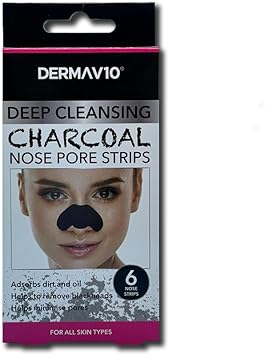 Derma V10 Charcoal Nose Pore Strips Pack Of 6 Strips Unclogs Pores Removes Blackheads Deep Cleaning Draws Out Impurities Absorbs Dirt And Oil Enriched With Witch Hazel - Image 1