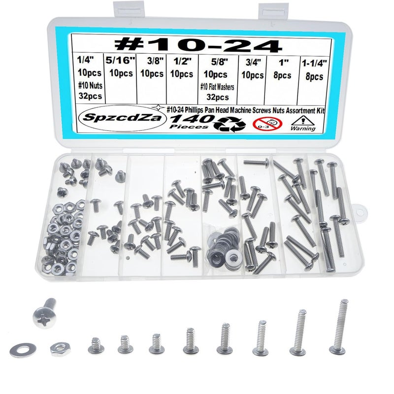 SpzcdZa 140 Pieces #10-24 Phillips Pan Head Machine Screws Nuts Washers Assortment Kit, Coarse Thread, Fully Machine Threaded, 304 Stainless Steel - Image 1