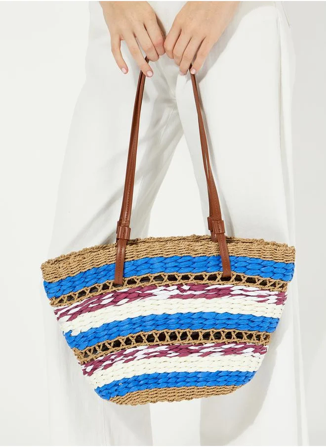 Styli Raffia Color Block Open Shoulder Bag