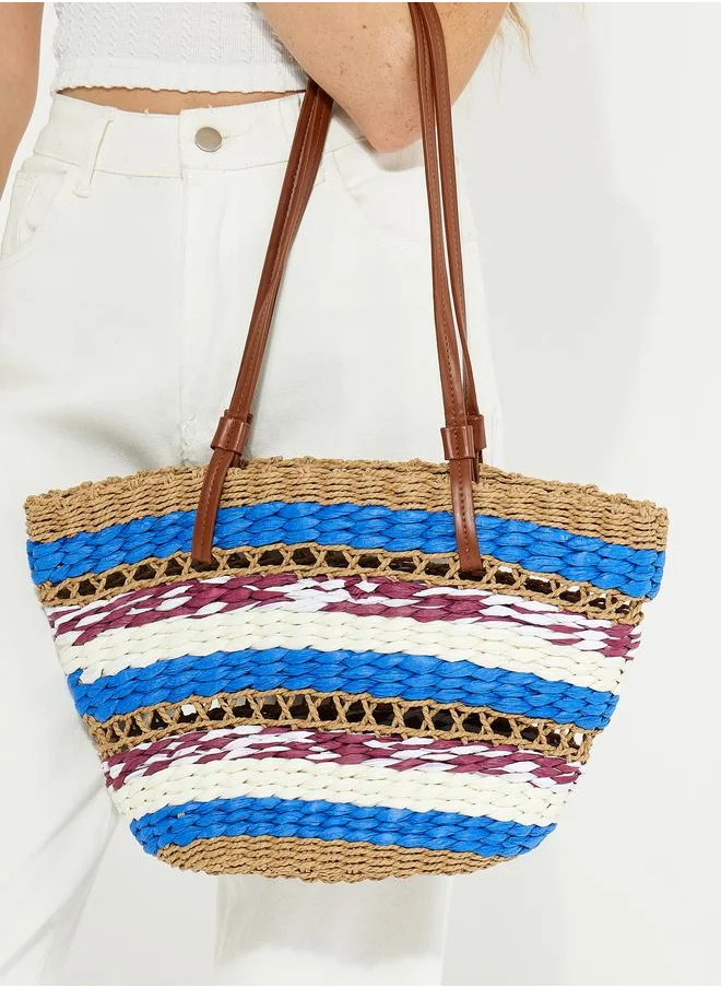 Styli Raffia Color Block Open Shoulder Bag