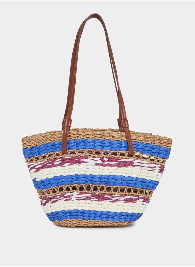 Styli Raffia Color Block Open Shoulder Bag