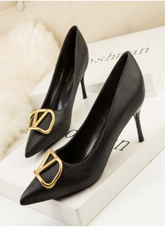 Eloshman 6cm Fashion Professional Shallow Mouth Pointed Metal V-Home Square Button Thin Heel High Heel Black  - Image 2