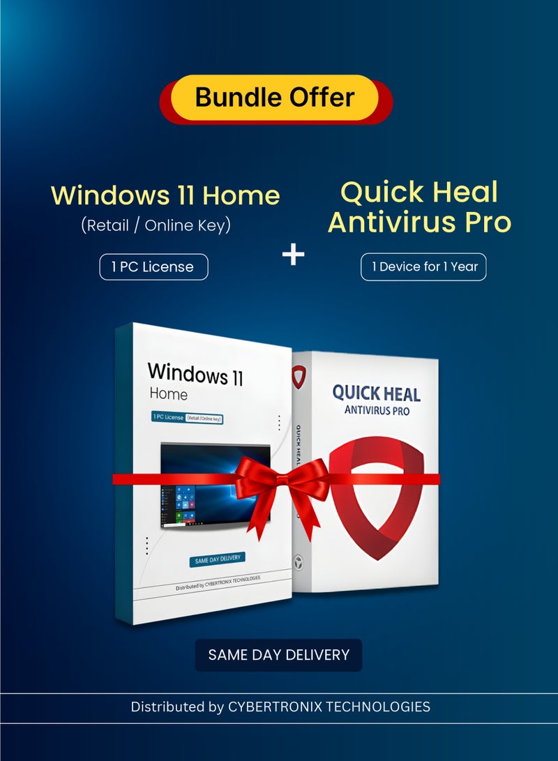 Windows Microsoft Windows 11 Home ( 1 PC Retail License ) | Quick Heal Antivirus Pro (1 Device, 1 Year) | Digital License | Same Day Delivery | Bundle Pack