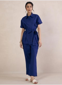 Femmella Solid Poplin Shirt with Tie-Belt by Styli  - Image 1