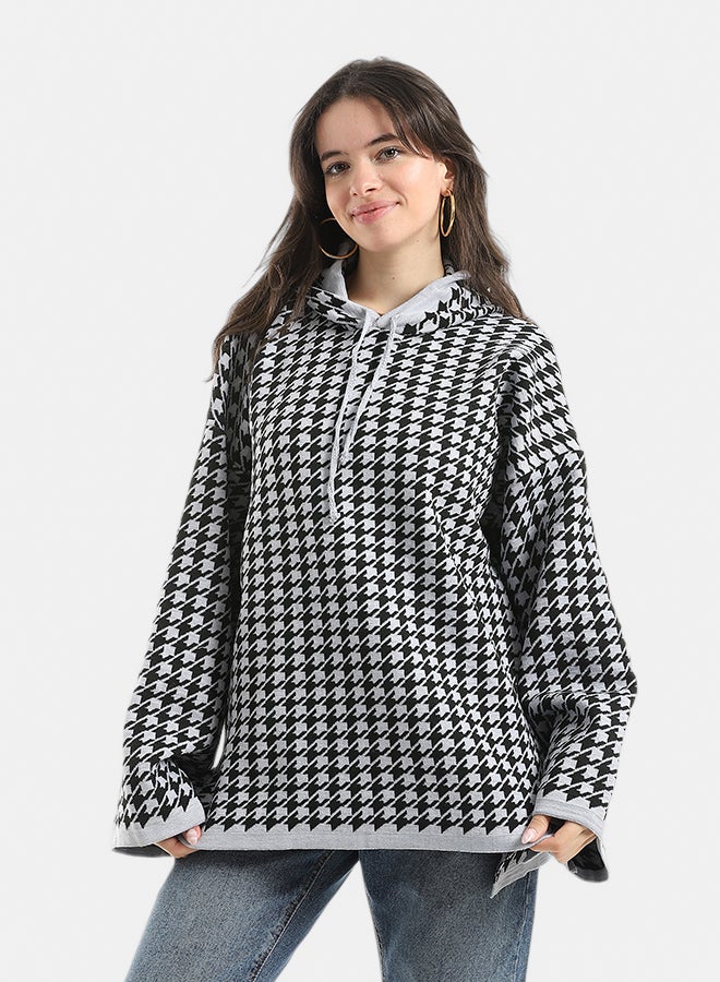 Andora Long Sleeves Self Patterened Knitted Pullove_Black & White - Image 1