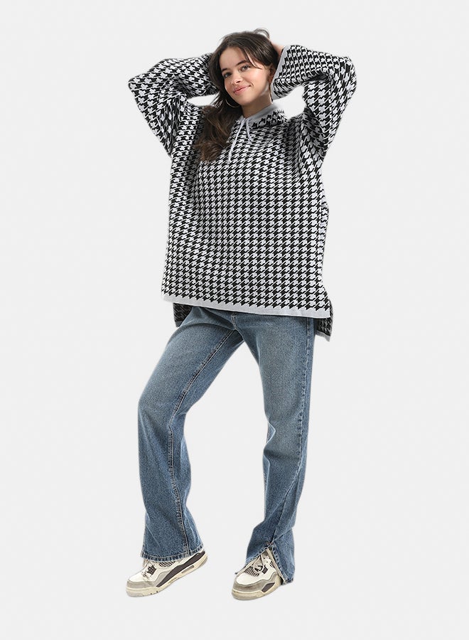 Andora Long Sleeves Self Patterened Knitted Pullove_Black & White - Image 4