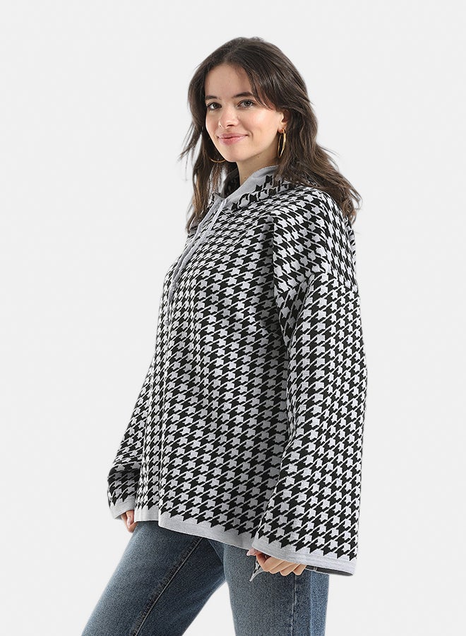 Andora Long Sleeves Self Patterened Knitted Pullove_Black & White - Image 5