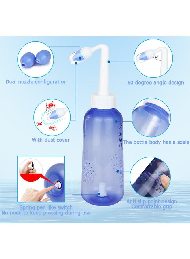 Nose Washing Bottle 500ml with Graduated, Automatic Valve Switch, Allergy Relief Nose Wash, High Temperature Resistant, with Dust Cover, Pressure Rinse Nasal Irrigation for Adult And Kid, Blue - Image 2