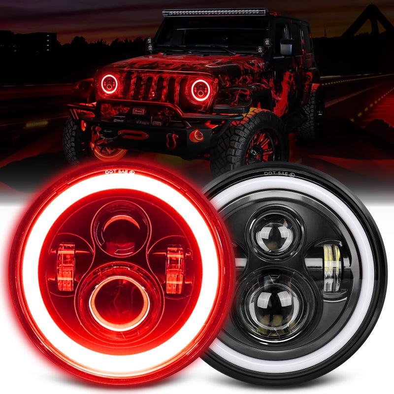 UNISHINE 7 inch Red Halo led Headlight HiLo Beam with Amber Turn Signal 2pcs 7 inch led Headlight DOT Round H6024 LED Headlight Compatible with Jeep Wrangler JK TJ CJ Compatible with Chevy
