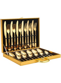 24 pieces Stainless Steel Cutlery Set Gold with Premium Wooden Box,Mirror Polished Flatware Set,Serve for 6,Including Knife/Fork/Spoon/Teaspoon(Gold) - pzsku/Z9C0FE664BBDA29BD8CBAZ/45/_/1724727410/c0bd3372-400e-4d93-979e-091b267c666d