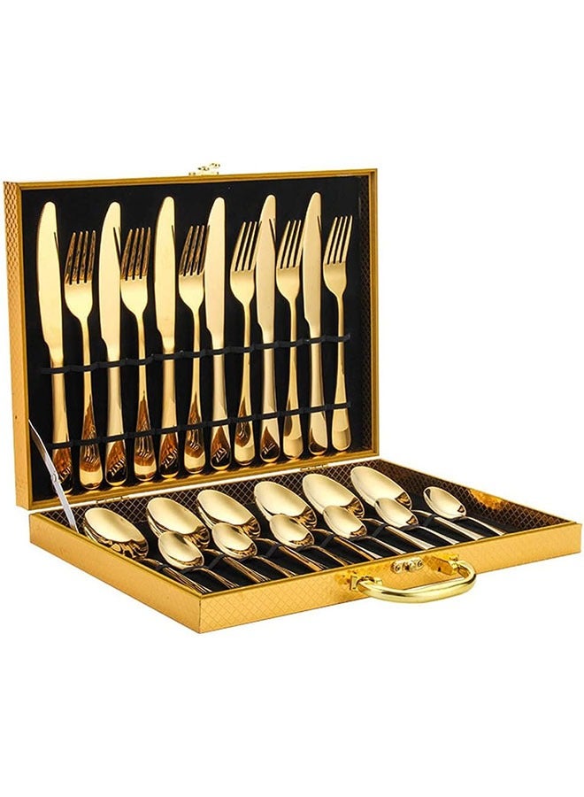 24 pieces Stainless Steel Cutlery Set Gold with Premium Wooden Box,Mirror Polished Flatware Set,Serve for 6,Including Knife/Fork/Spoon/Teaspoon(Gold) - Image 1