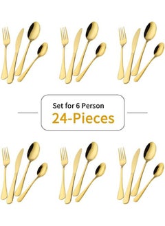 24 pieces Stainless Steel Cutlery Set Gold with Premium Wooden Box,Mirror Polished Flatware Set,Serve for 6,Including Knife/Fork/Spoon/Teaspoon(Gold) - pzsku/Z9C0FE664BBDA29BD8CBAZ/45/_/1724727420/f7e34a22-bd01-4a4f-86c4-e5a0913402ad