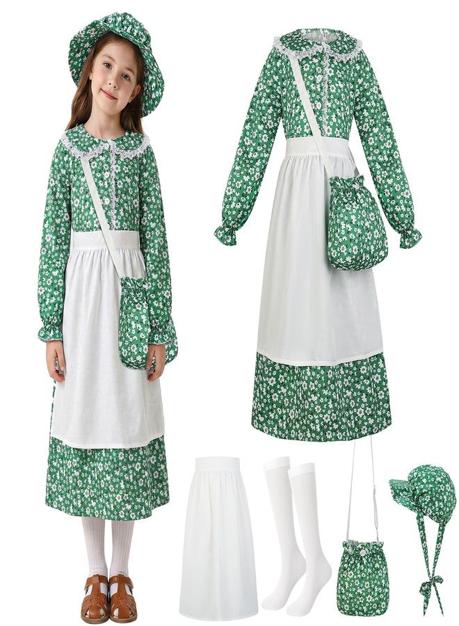 ZhouBoat 5pcs Girls Pioneer Costume Floral Colonial Prairie Dress with Apron Pioneer Bonnet Floral Crossbody Bag Socks for Girls (8Y) - Image 1