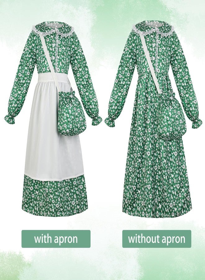 ZhouBoat 5pcs Girls Pioneer Costume Floral Colonial Prairie Dress with Apron Pioneer Bonnet Floral Crossbody Bag Socks for Girls (8Y) - Image 3