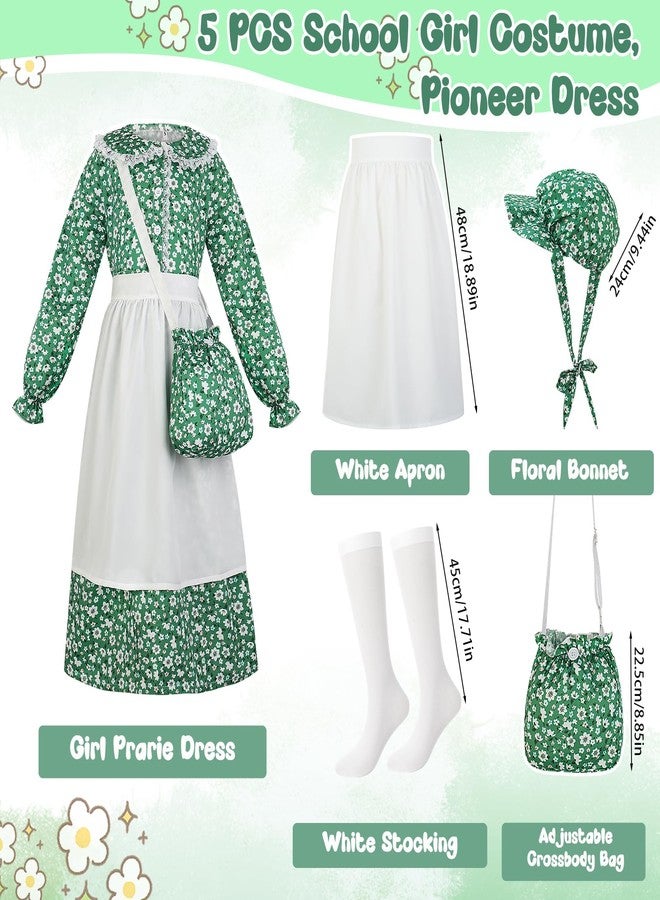 ZhouBoat 5pcs Girls Pioneer Costume Floral Colonial Prairie Dress with Apron Pioneer Bonnet Floral Crossbody Bag Socks for Girls (8Y) - Image 2
