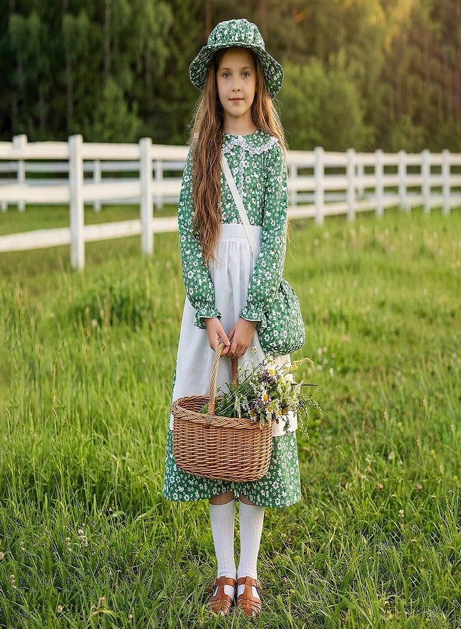 ZhouBoat 5pcs Girls Pioneer Costume Floral Colonial Prairie Dress with Apron Pioneer Bonnet Floral Crossbody Bag Socks for Girls (8Y) - Image 4