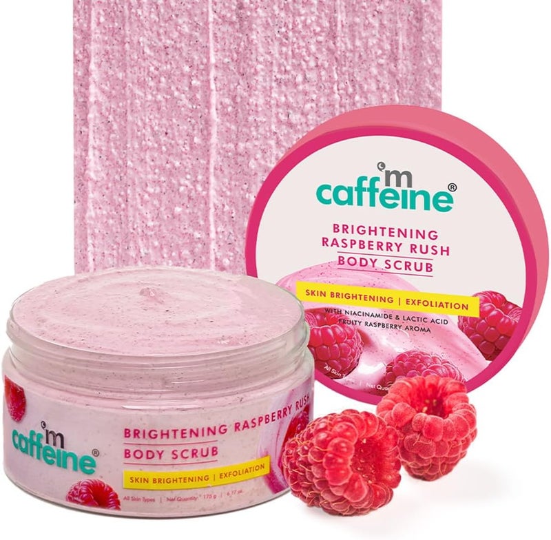MCaffeine Brightening Raspberry Body Scrub | Tan Removal | AHAs - Lactic & Glycolic Acid, Niacinamide | Vitamin C Rich for Brighter, Soft Skin | Remove Dry, Dead Skin | Fruity Berries Aroma - 175g - Image 1