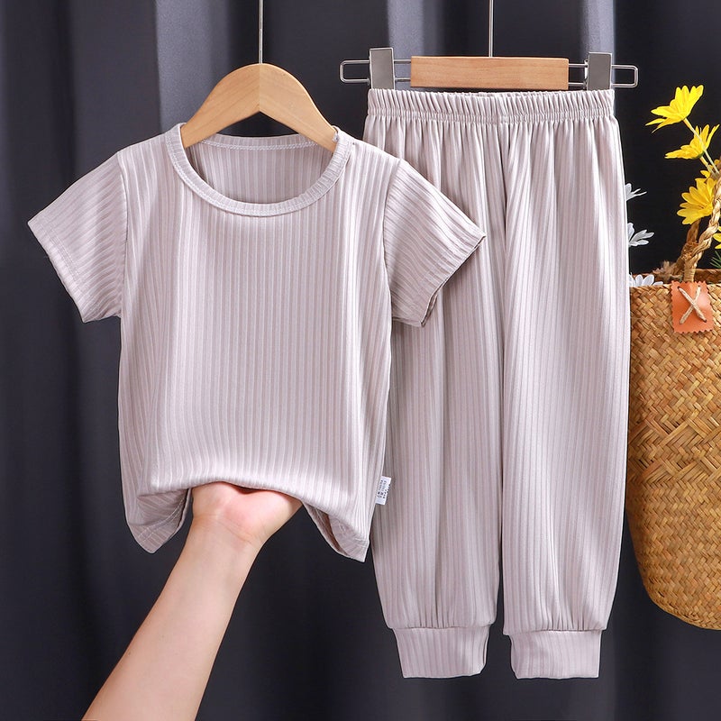 بدلة صيفية للأطفال 2024 - بيجامة غير محددة الجنس باللون الرمادي - ملابس منزلية باللون الرمادي