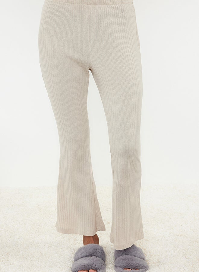 trendyol Beige Baby Overlock Detailed Stand-up Collar Ribbed Knitted Pajama Set THMAW25PT00030  - Image 4