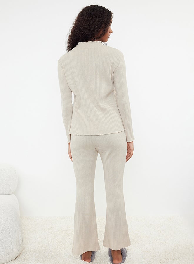 trendyol Beige Baby Overlock Detailed Stand-up Collar Ribbed Knitted Pajama Set THMAW25PT00030  - Image 5