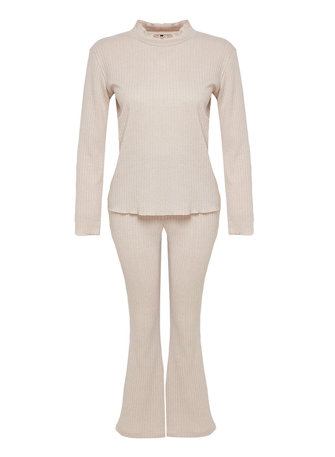 Beige Baby Overlock Detailed Stand-up Collar Ribbed Knitted Pajama Set THMAW25PT00030