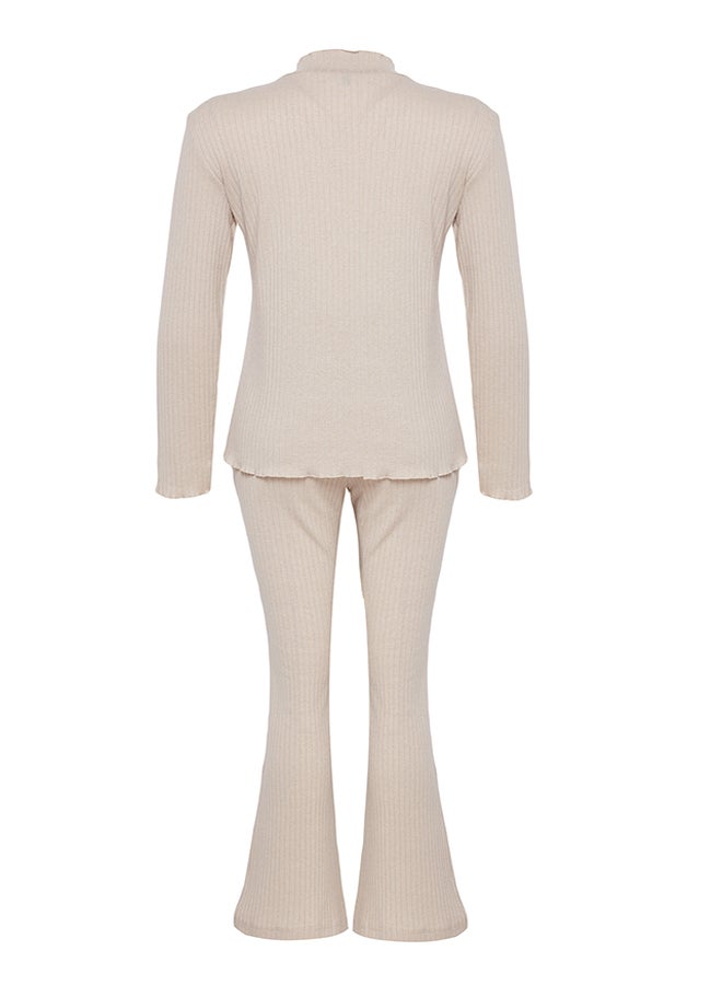 Beige Baby Overlock Detailed Stand-up Collar Ribbed Knitted Pajama Set THMAW25PT00030