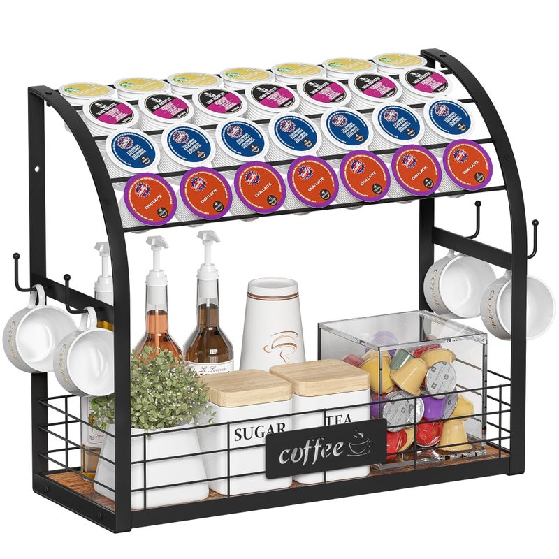 Greatseas Metal K Cup Holder 2 Tier Coffee Bar Organizer with 4 Coffee Mug Hooks Multifunctional Countertop Coffee Station Tray Wooden K Cup Organizer  Black