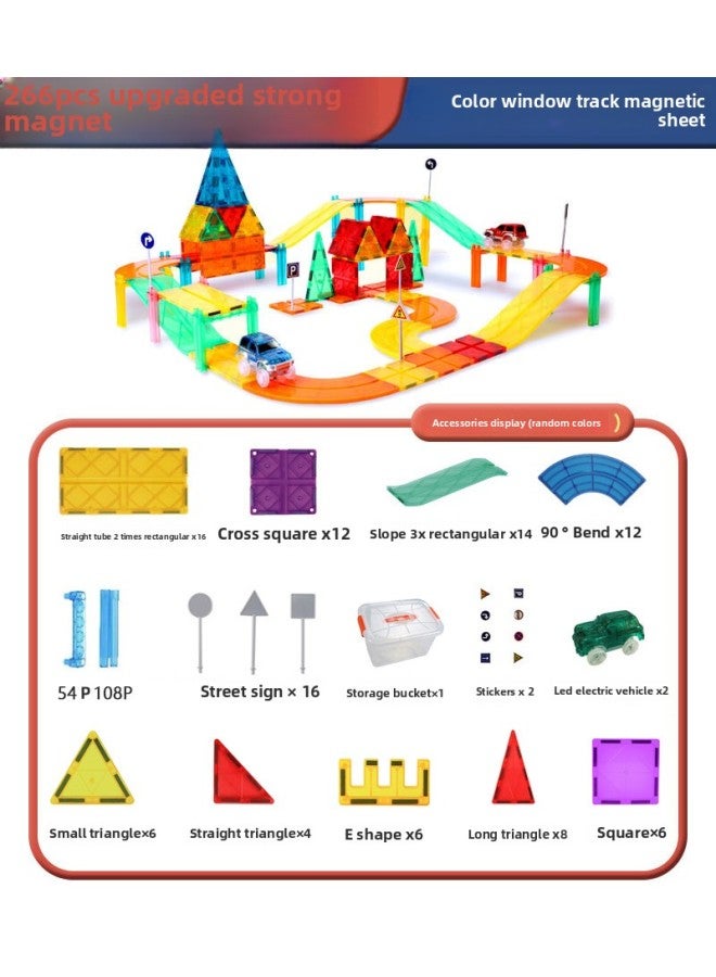 Color Window Magnetic Film Sliding Rail Transit Electric Car Building Blocks Children's Educational Magnetic Matching Toy Gift-Specifications:Rail Car 266pcs (storage Bucket Included)  - Image 1