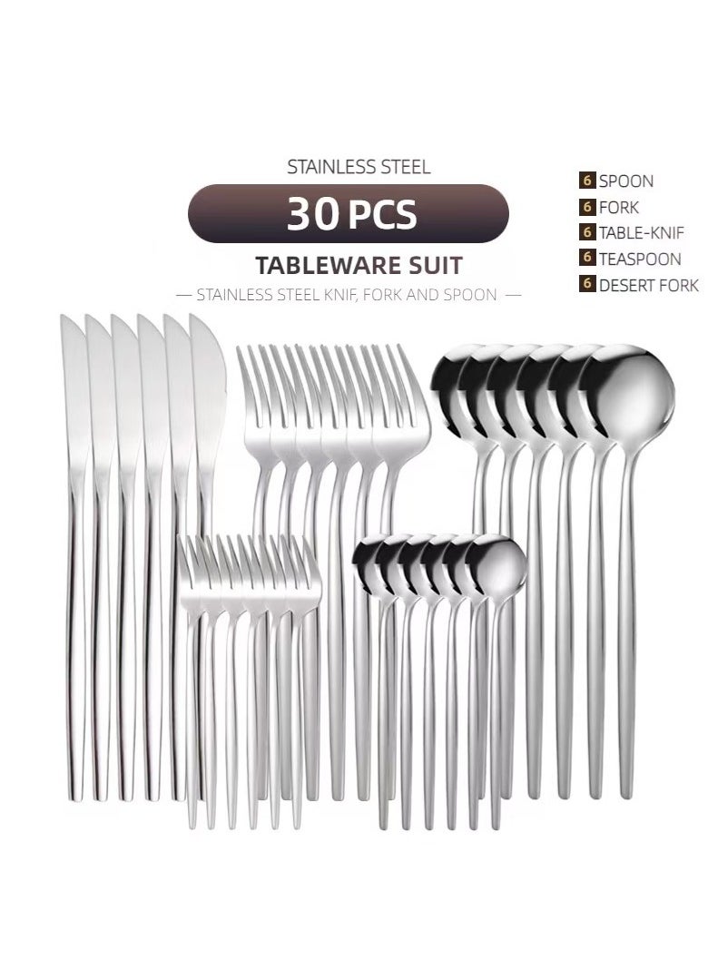 XiuWoo - 30-Piece Knife Fork Spoon Full Set Silver - Image 1