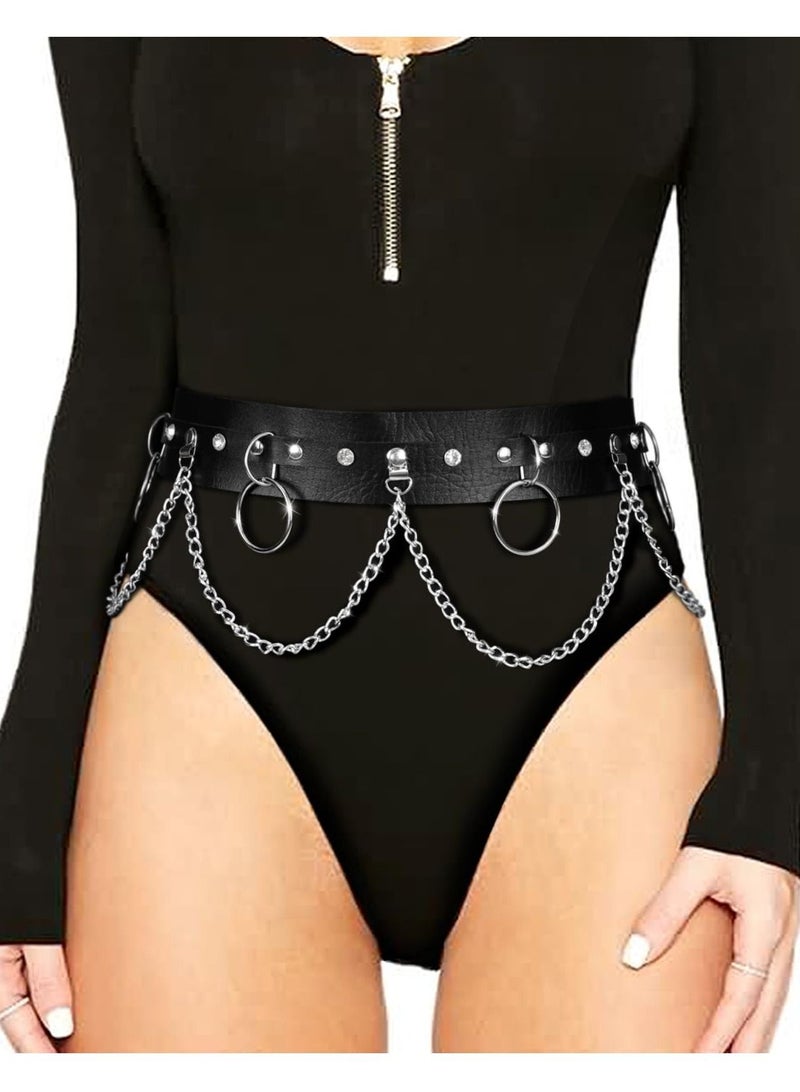 Excefore Punk Black Waist Chain Belt for Women, Leather Rave Body Goth Accessories Jewelry. Perfect for adding edge to outfits. - Image 1