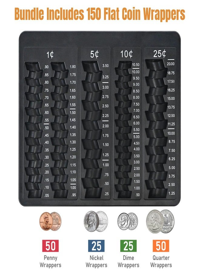 L LIKED 1PCS Black Coin Counter Tray -Change Counter Coin Counting and Sorting Tray with 150 Assort Coin Wrappers Included-5 Compartments Slots for Organization Pennies, Nickels, Dimes, and Quarters - Image 2